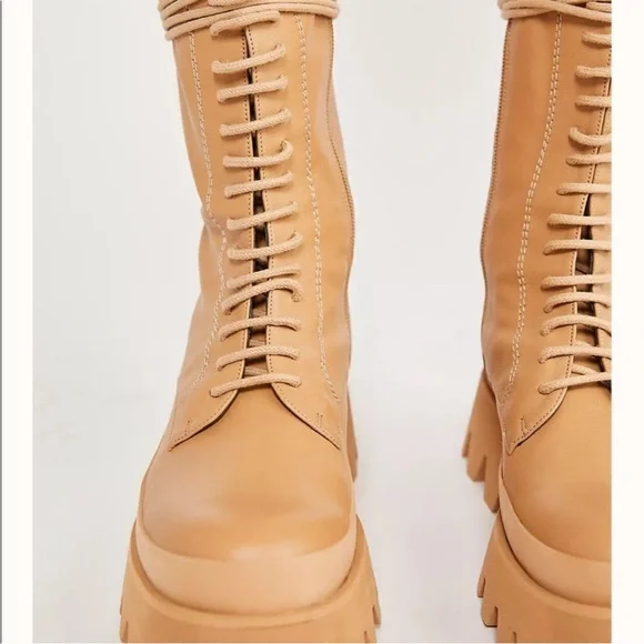 Free People Cairo Tan Leather Platform Lug Sole Boots EU 40 US 9.5-10